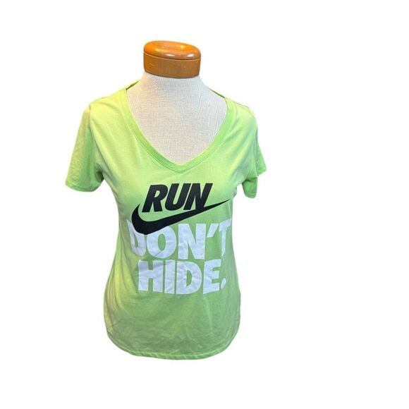 Nike Womens Dri-Fit V-Neck Athletic T-Shirt "Run Dont Hide" Light Green M - Picture 1 of 7